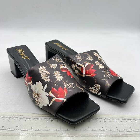 FOWT Black-flower Block Low Heel Open Square Toe Mules Slip On Ladies Shoes - Picture 1 of 7